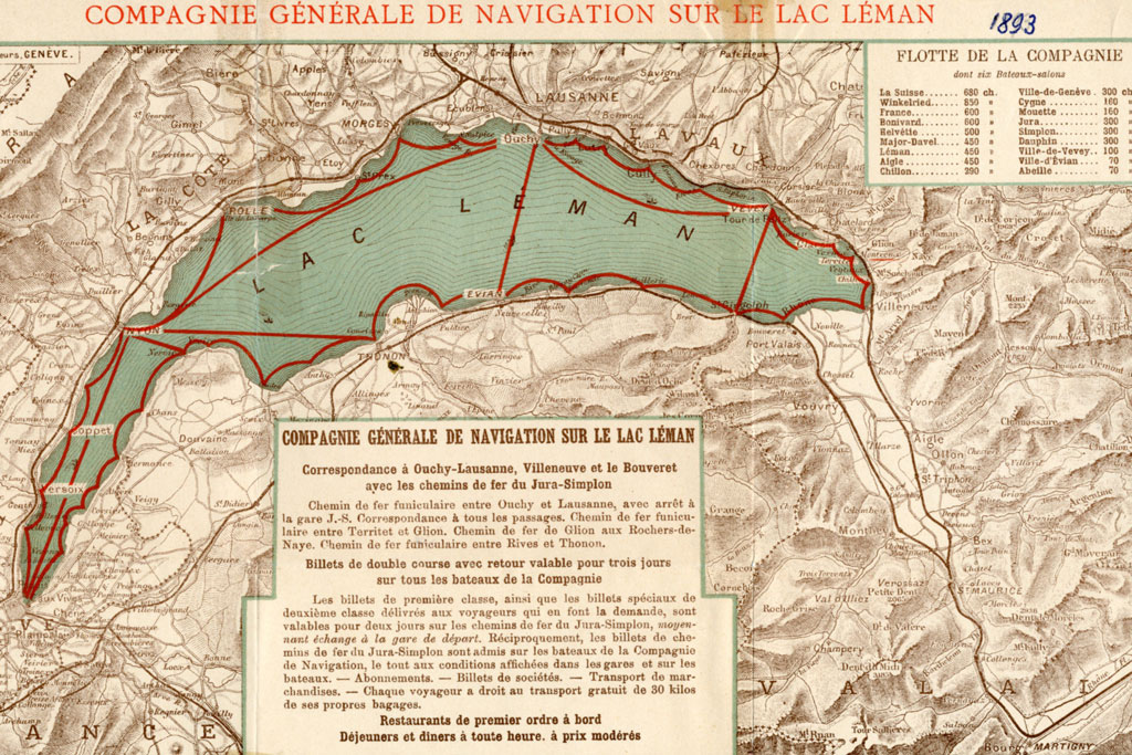 Linienkarte der «Compagnie Générale de Navigation sur le Léman», 1893 © Musée de l’Elysée, Lausanne, collection iconographique vaudoise