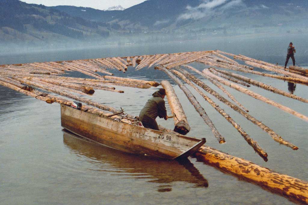 Nach einer Überfahrt um 1980 zieht ein Flösser mit dem Zapin die Stämme zum Ufer hin © Familie Anton Henggeler-Frank, Morgarten