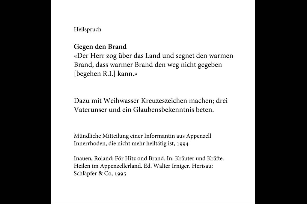 Aufzeichnung eines mündlich überlieferten Heilspruchs, Appenzell 1994 © Roland Inauen/Museum Appenzell