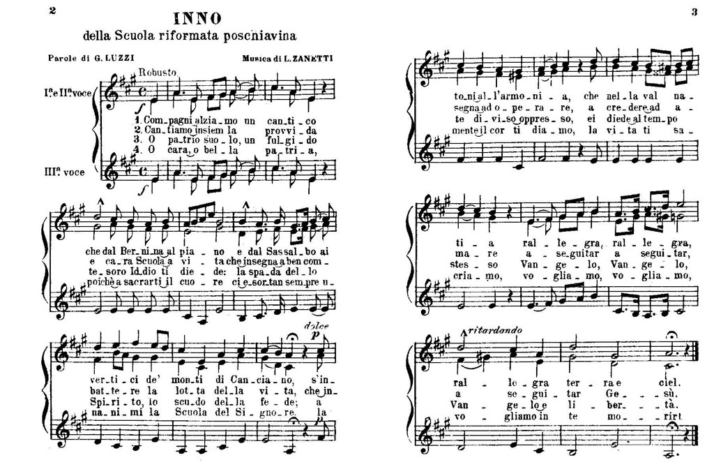 Inno della Scuola Riformata Poschiavina © G. Luzzi (Text), L. Zanetti (Melodie), ed. 1925