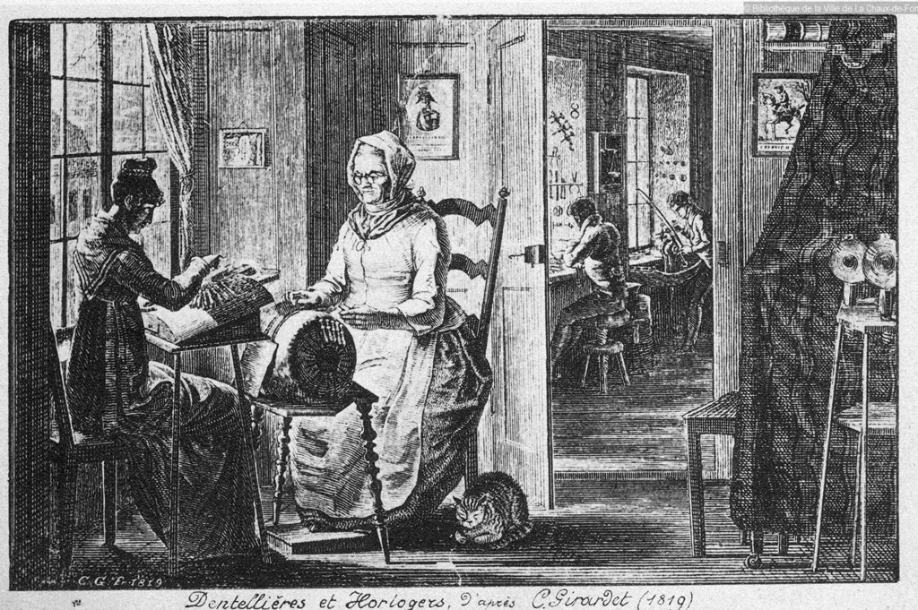 Alfred Ditisheim: Spitzenklöpplerinnen und Uhrmacher nach C. Girardet (1819), Postkarte © Département audiovisuel de la Bibliothèque de la Ville de La Chaux-de-Fonds
