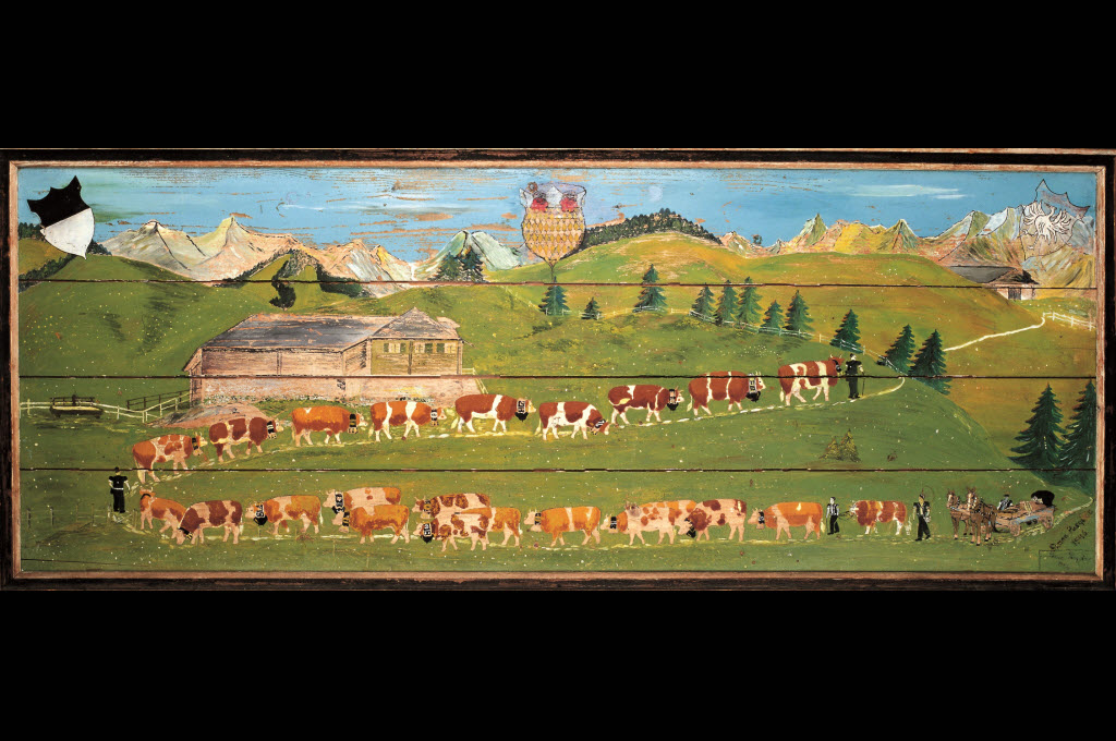 Simon Pasquier: Alpaufzug im Kanton Freiburg, Gemälde auf Holz, 1946, 80 x 200 cm © Musée gruérien, Bulle