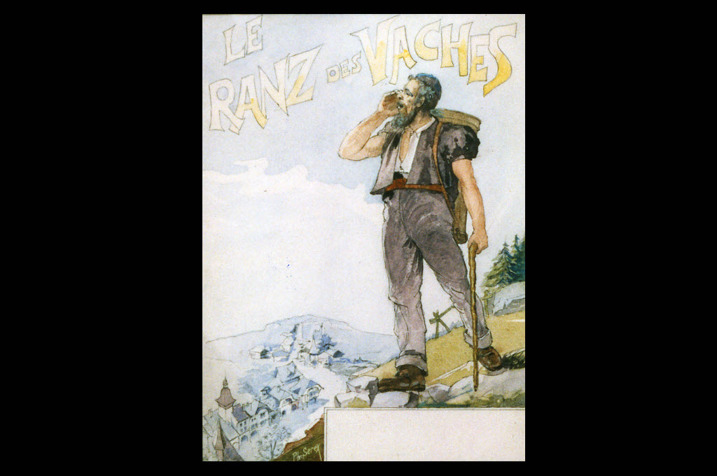 «Le ranz des vaches», Aquarellierte Zeichnung, Entwurf von Philippe Serex für die Landesausstellung 1896 © Musée gruérien, Bulle