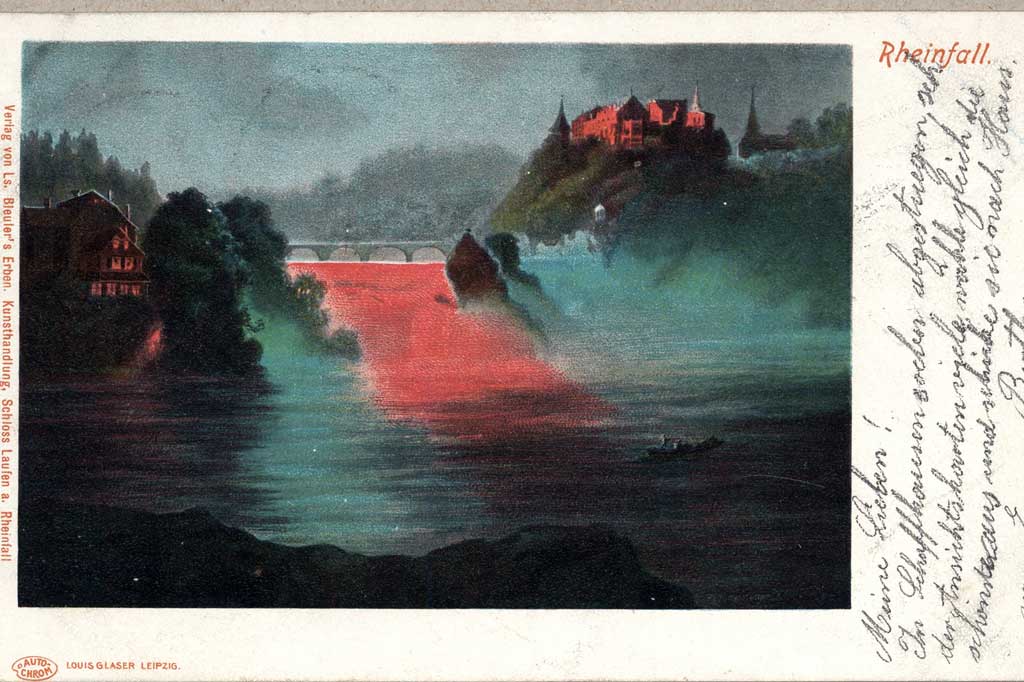 Ansichtskarte mit Rheinfallbeleuchtung, versendet 1901, Verlag von Ls. Bleuler's Erben, Kunsthandlung, Schloss Laufen a. Rheinfall © Museum zu Allerheiligen Schaffhausen (Inv. 53080)