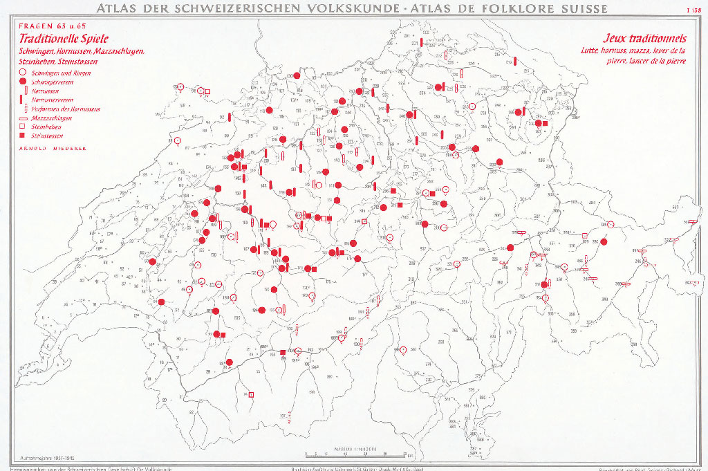 Verbreitung des Schwingens und der Schwingervereine in der Schweiz, 1937-1942 © Schweizerische Gesellschaft für Volkskunde, Basel