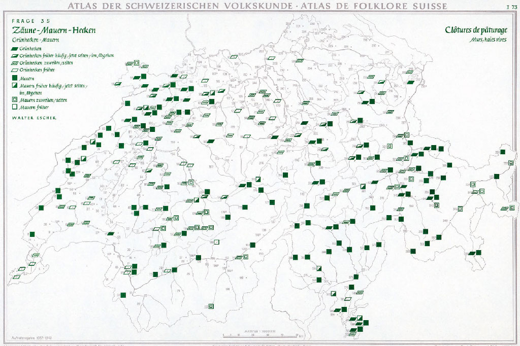 Atlas der Schweizerischen Volkskunde: Vorkommen von Trockenmauern in der Schweiz, 1937-1947 © Schweizerische Gesellschaft für Volkskunde