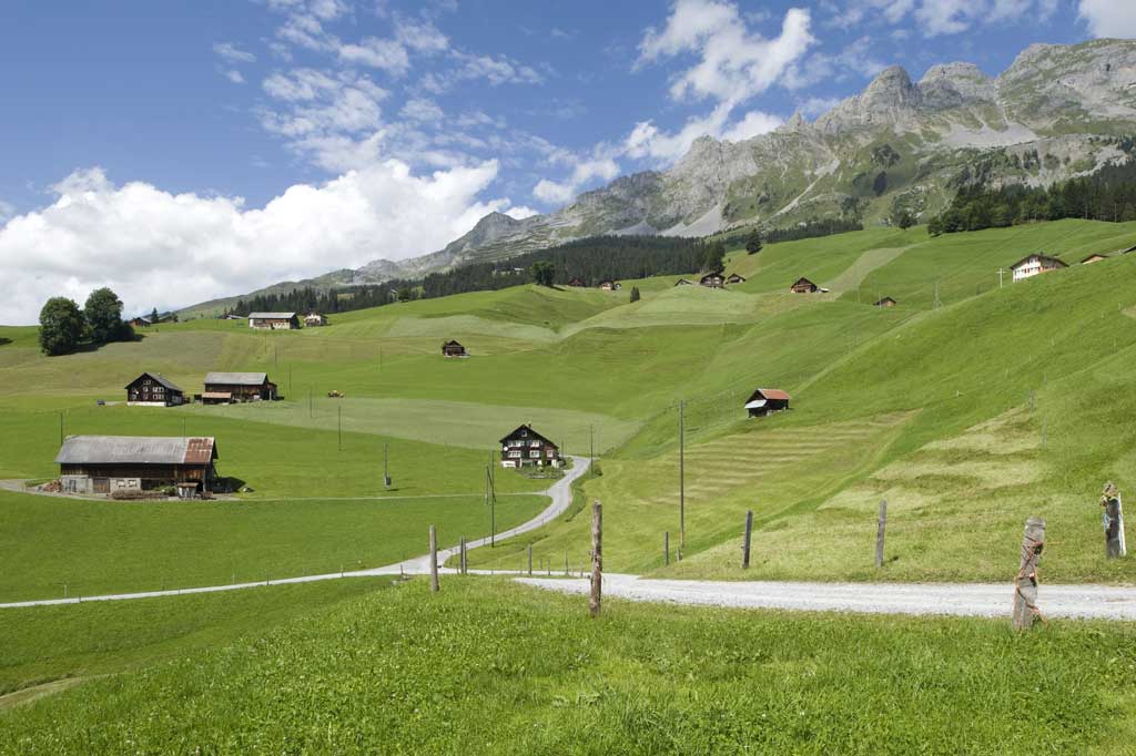 Siedlung Getschwiler im Urner Schächental mit einzelnen «Heimetli» und Ställen inmitten der Fluren, 2011 © Christof Hirtler, Altdorf