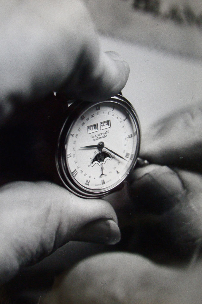 Nahaufnahme einer Uhr, Le Brassus (VD) © Jean-Claude Curchod, 1986/Archives cantonales vaudoises, Fonds Edipresse