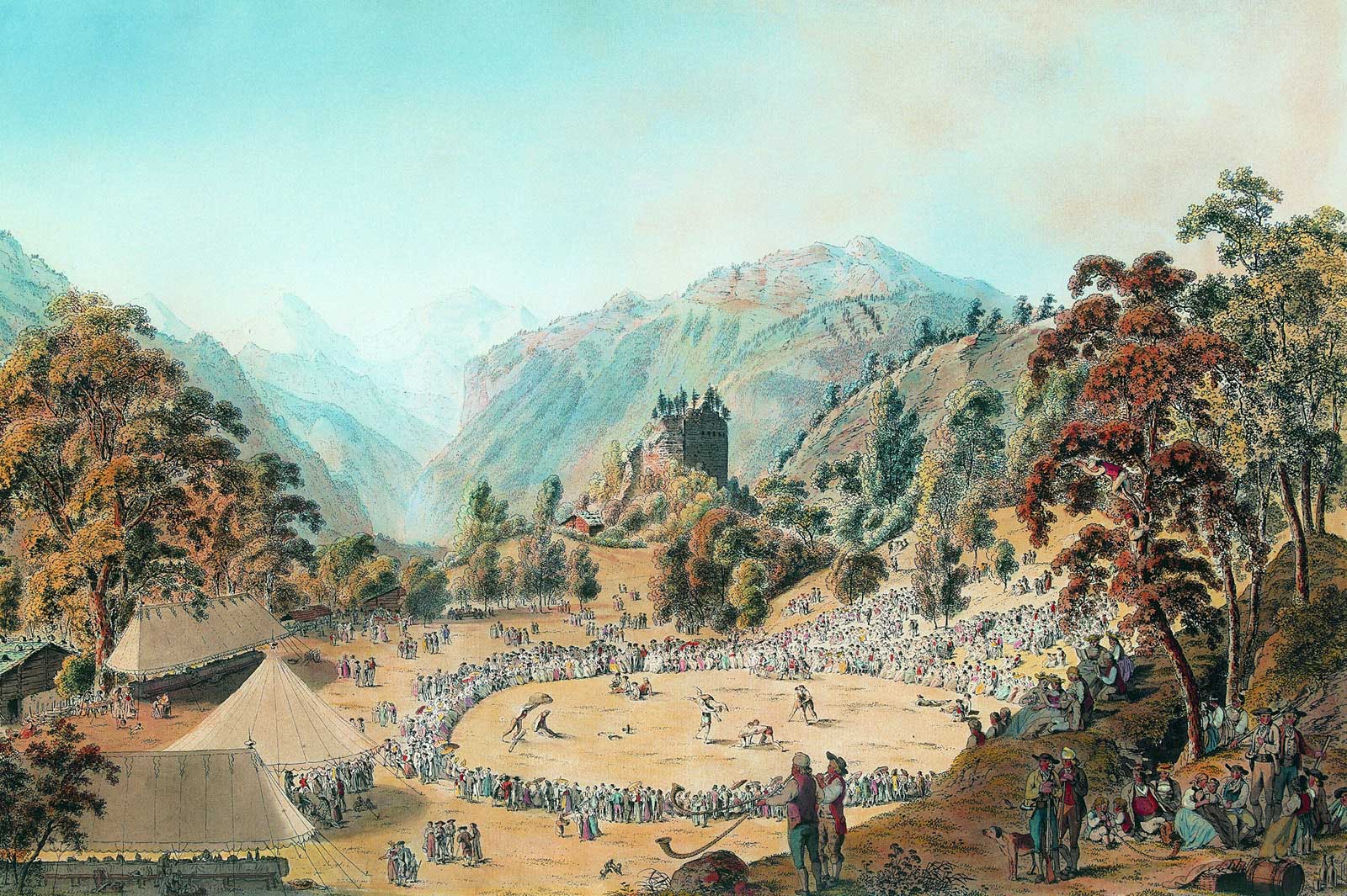 Hirtenfest zu Unspunnen, 1808, kolorierter Umrissstich von Franz Niklaus König (1765 – 1832) © Zur Verfügung gestellt von Christoph Wyss, Unterseen