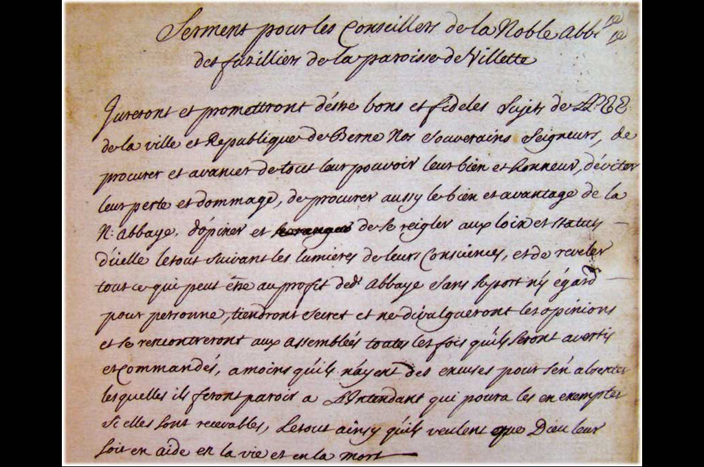 Eidbrief der Noble abbaye des fusiliers de la paroisse de Villette, 1711 © Société militaire de l’ancienne commune de Villette