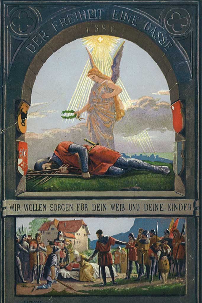 Postkarte mit der Darstellung von Winkelrieds Märtyrertod, um 1900 © Staatsarchiv Nidwalden, Stans