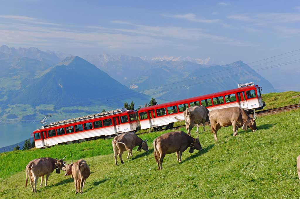 Rigi, 2008: a multiple-unit train against the backdrop of Lake Lucerne and the mountains of Nidwalden. © Christian Perret, Emmetten/Rigi Bahnen, Vitznau