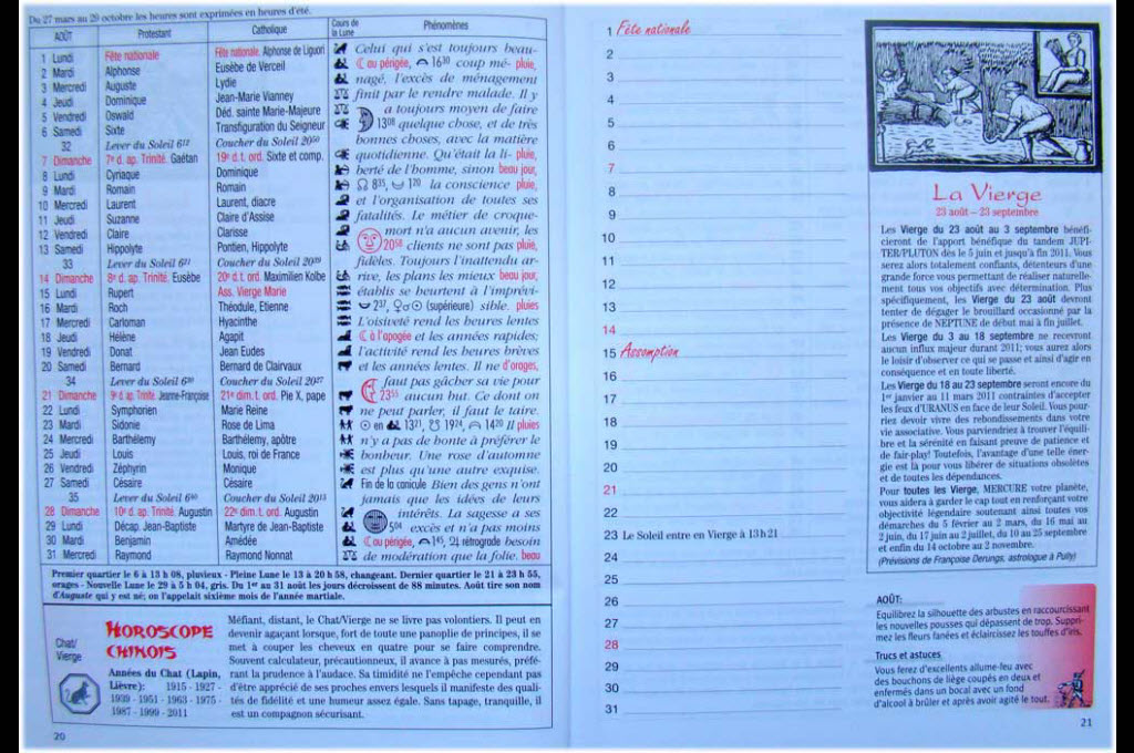 The August entry in the 2011 edition of le Messager boiteux. © Le Messager boiteux, Säuberlin et Pfeiffer à Châtel-Saint-Denis (FR)