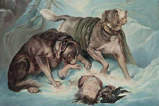 Unknown artist: Rescue by the dogs of Great St Bernard, ca 1820 © Geschichtsmuseum Wallis, Sitten