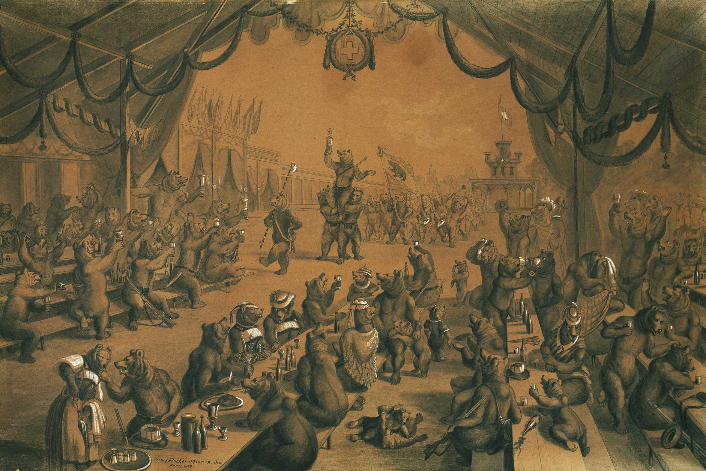 Federal Schützenfest (shooting fair) in 1885 in Bern, illustration by Henry Fischer-Hinnen © Bernisches Historisches Museum