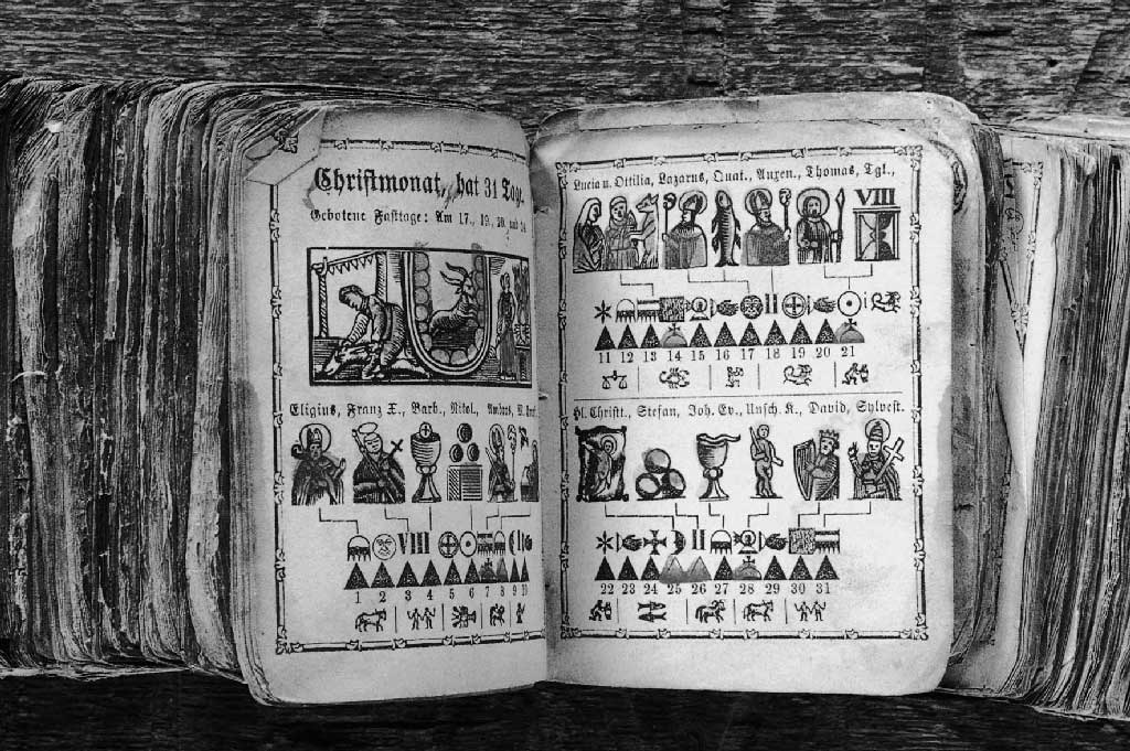 A double-page spread from the Neuer Bauernkalender (new farmers' calendar) showing the saints' days in the month of December, 19th century. © Christof Hirtler, Altdorf