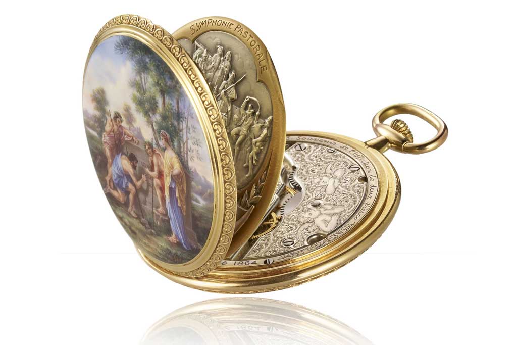 Vacheron Constantin pocket watch, 1925. The enamelled face is the work of Marie Goll and is a reproduction of Nicolas Poussin’s “Les bergers d’Arcadie” (the shepherds of Arcadia) © Vacheron Constantin