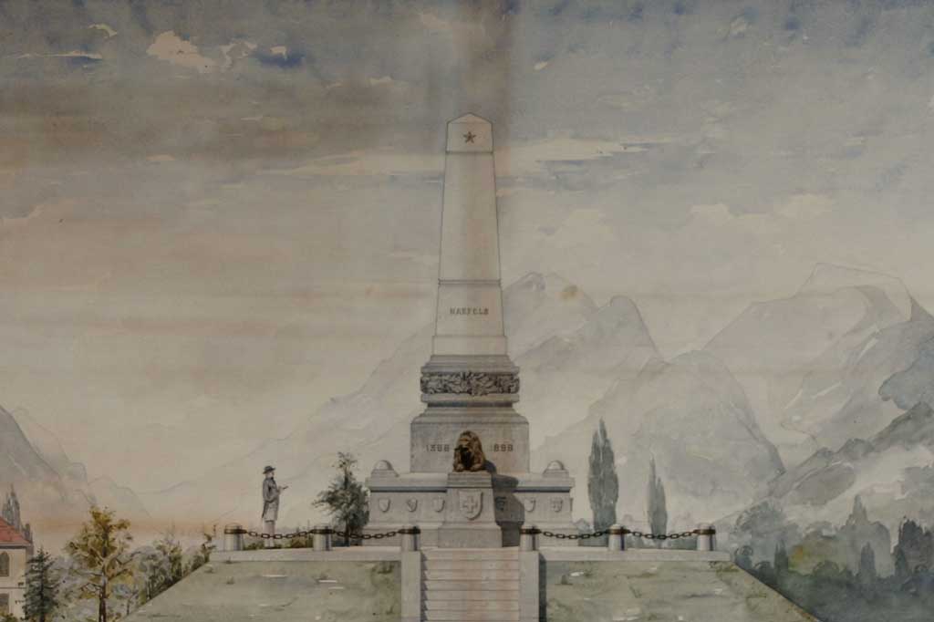Project watercolour by Alfred Romang in 1887: The lion on the picture was never part of the sculpture © Kanton Glarus, Landesarchiv