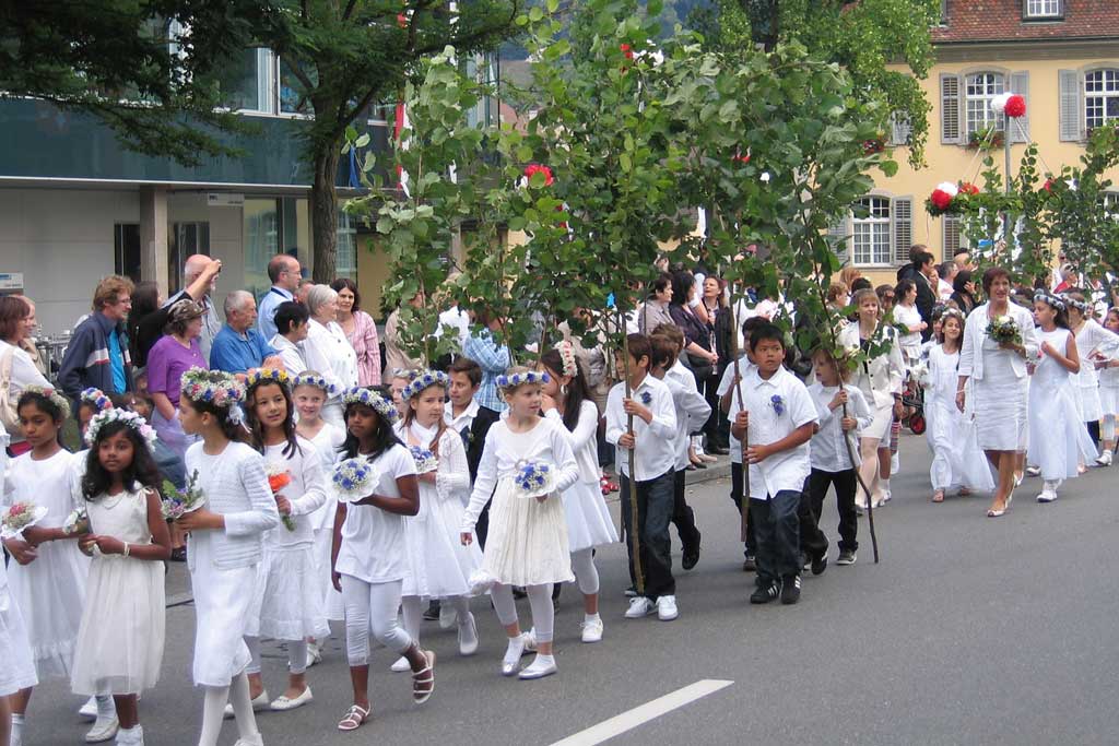 The procession in Brugg: Some of the boys are carrying branches from leafy trees © Karin Janz, 2011
