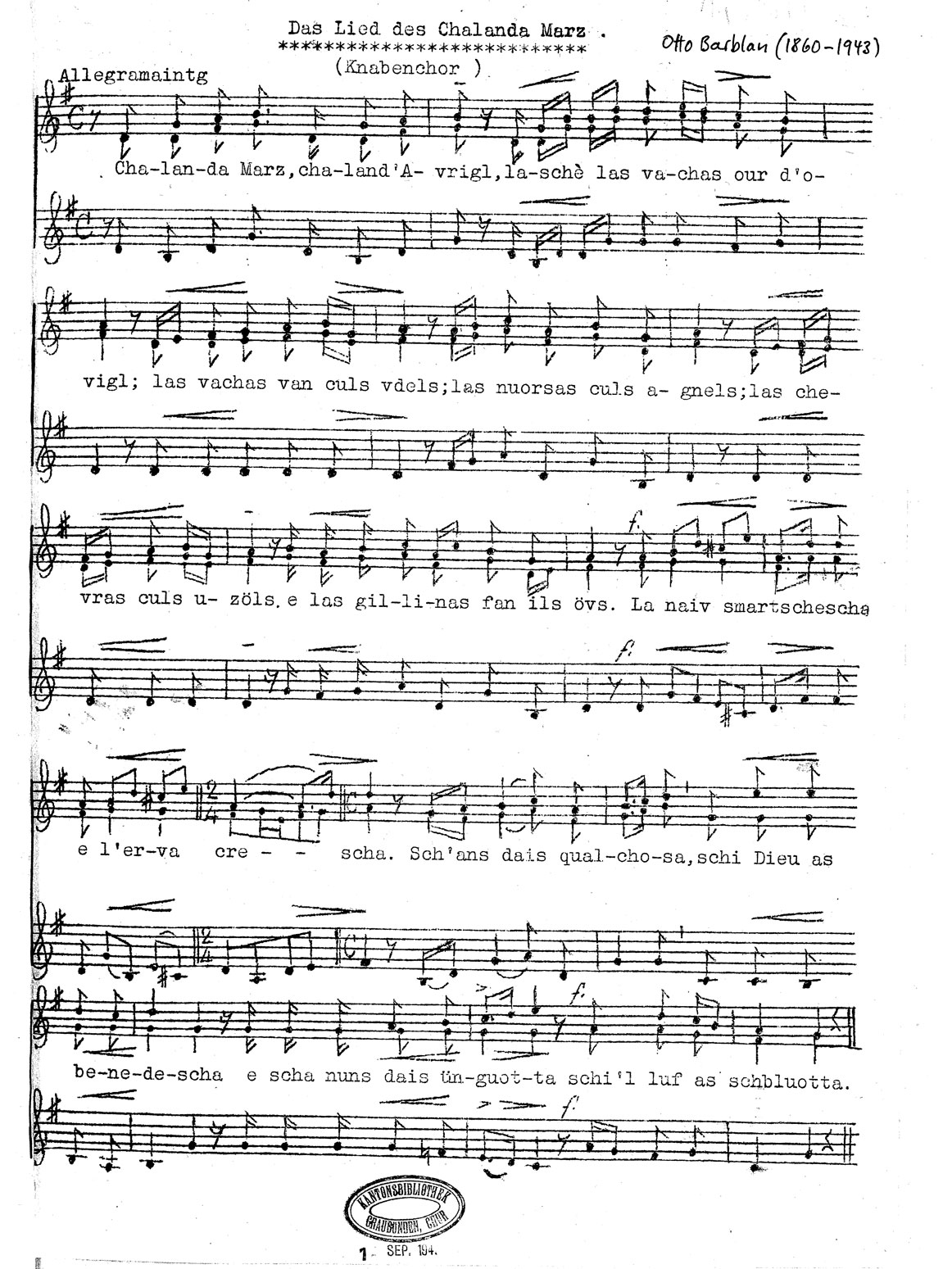 Une chanson de Chalandamarz de Otto Barblan © Kantonsbibliothek Graubünden