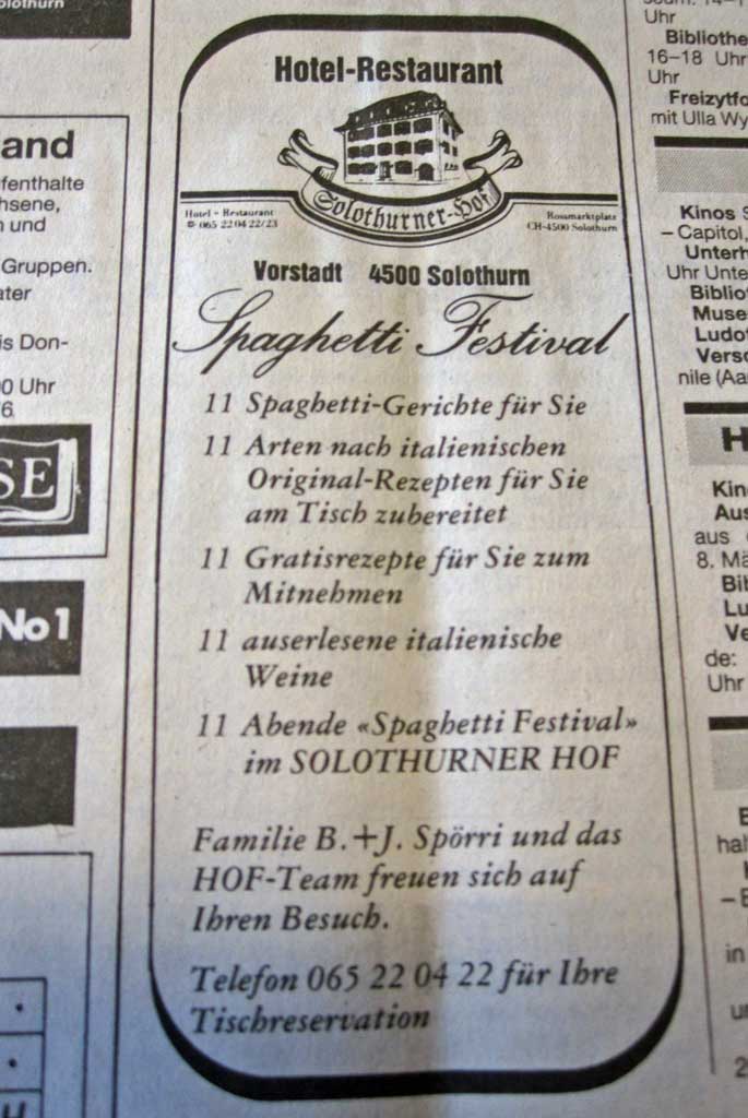 Annonce d’un festival spaghetti dans la Solothurner Zeitung du 11.2.1987 © Melissa Dettling, Solothurn, 2011
