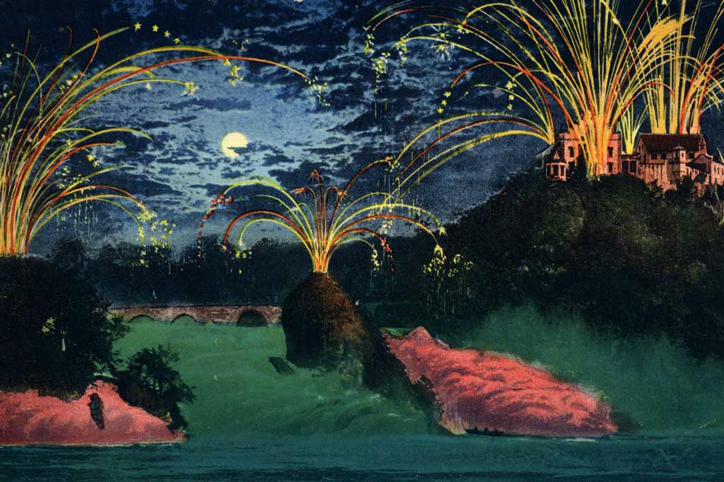 Carte postale représentant le feu d’artifices des chutes du Rhin, éd. Photoglob-Wehrli-Vouga, Zurich 1937 © Museum zu Allerheiligen Schaffhausen (Inv. Inventar 55553.08)