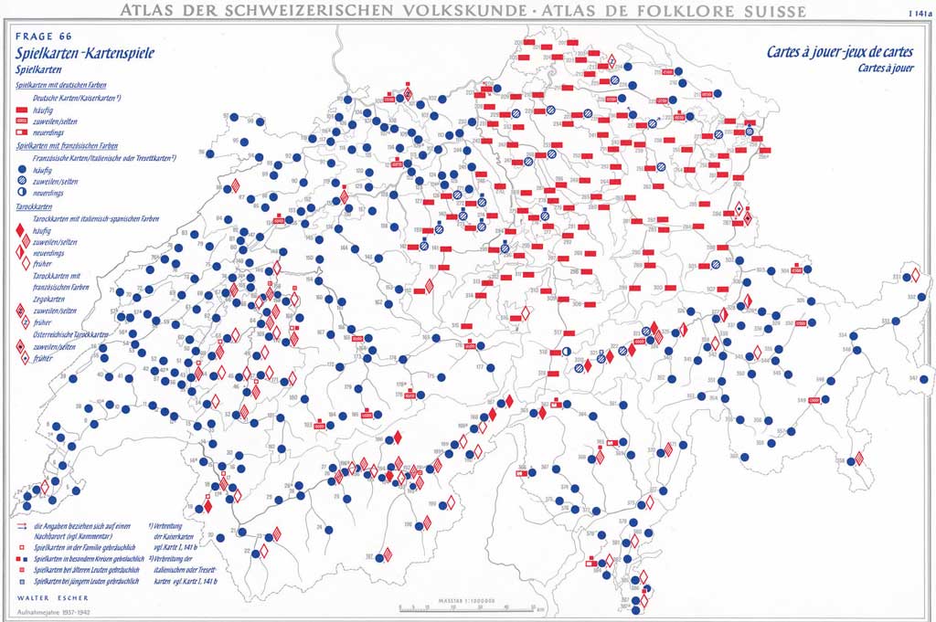 Répartition des cartes à jouer avec couleurs françaises et couleurs allemandes, 1937-1942 © Schweizerische Gesellschaft für Volkskunde