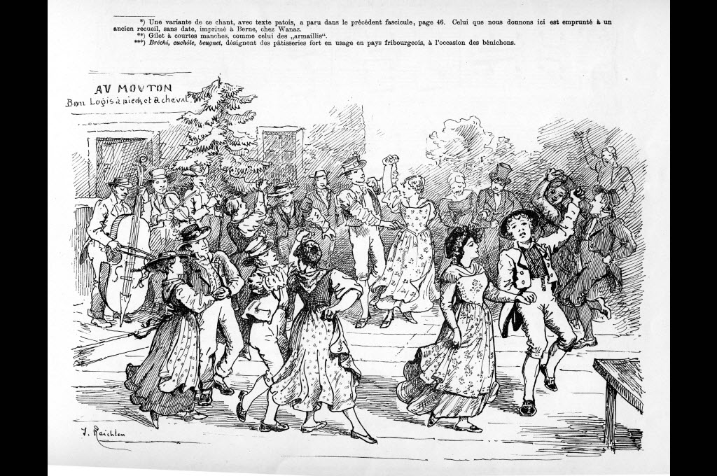 Danse de la Bénichon. Dessin de Joseph Reichlen, La Gruyère illustrée 1903 © Musée gruérien, Bulle