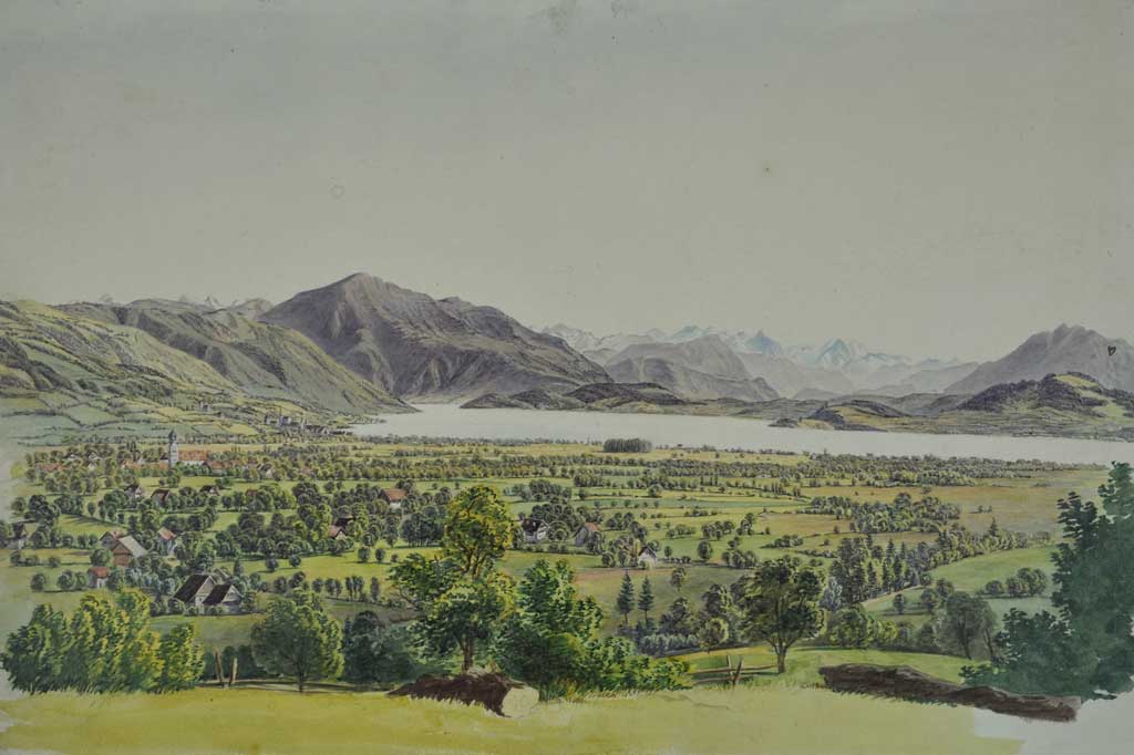 Thomas Anton Wickart (1798-1876) : Baarer Ebene avec le lac de Zoug en arrière-plan, aquarelle, vers 1850 © Museum Burg Zug