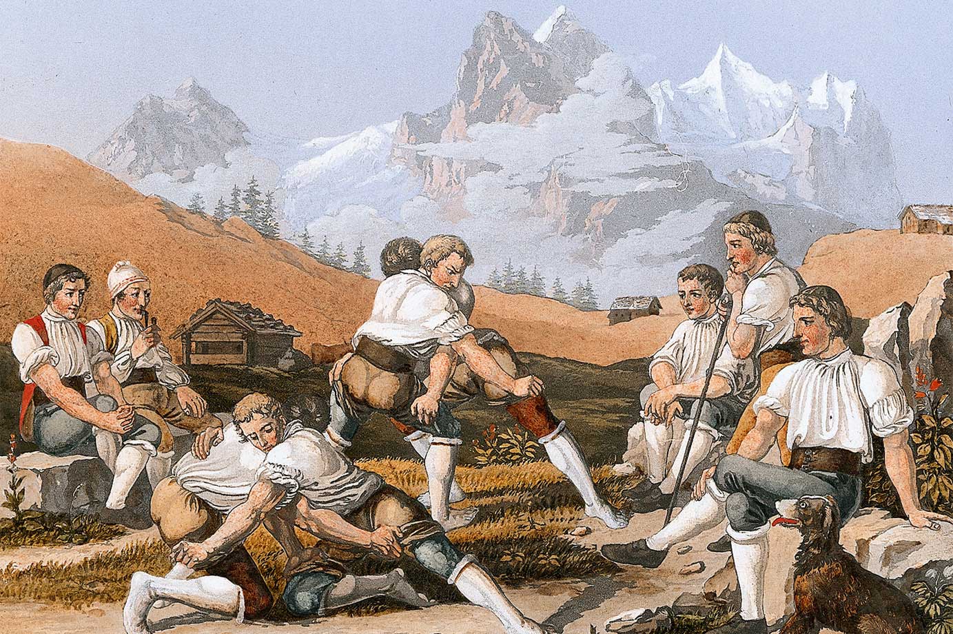 « Lutteurs ou amusement pastoral sur le grand Scheideck, Canton de Berne », dessin colorié © Zur Verfügung gestellt von Christoph Wyss, Unterseen; erschienen im Lamy-Verlag Bern