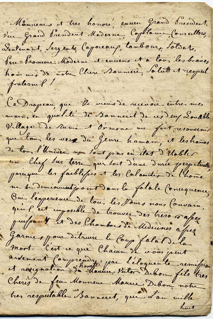 Discours de l’enseigne François-Joseph Varone, village d‘Ormône, à l’office du 2 juin 1831 © Archives privées Savièse