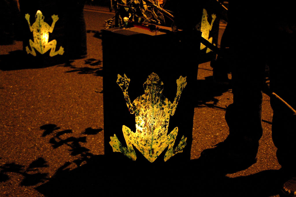 La grenouille représentée sur ces lampions est probablement une allusion à la chanson du Bachfischet: «Furie, la rivière brûle, ceux de Suhr y ont mis le feu, ceux d’Aarau l’ont éteint, ceux de Küttigen chevauchent les grenouilles» © Roger Gryzlak, Aarau 2009