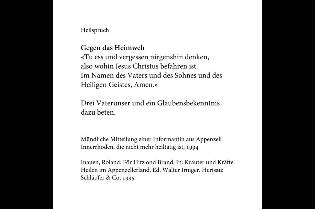 Transcription d’une prière de guérison transmise oralement, Appenzell 1994 © Roland Inauen/Museum Appenzell