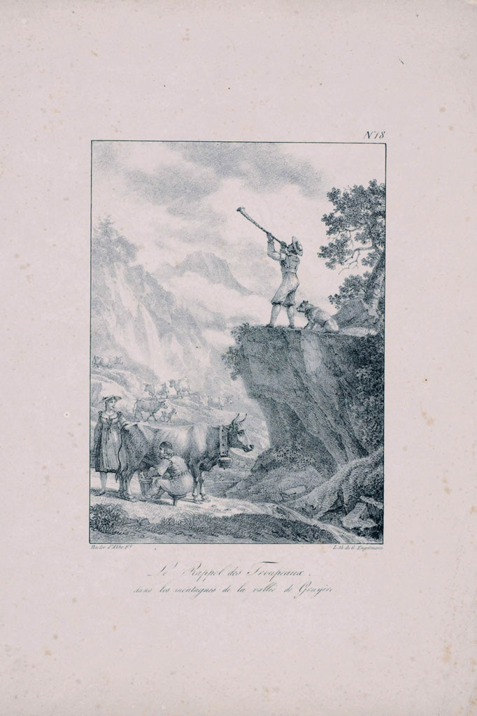 Le rappel des troupeaux dans la vallée de la Gruyère, estampe XVIIIe siècle © Musée gruérien, Bulle