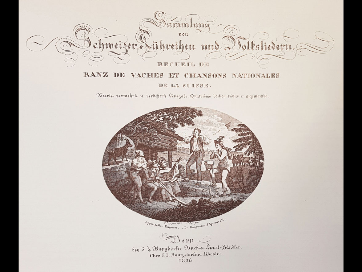 Page de titre du « Recueil de ranz de vaches et chansons nationales de la Suisse » de 1826, ornée de la gravure « Appenzeller Ruguser » de Jb. Lips et G. Lory, père