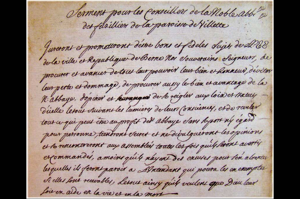 Serment pour la Noble abbaye des fusiliers de la paroisse de Villette, 1711 © Société militaire de l’ancienne commune de Villette
