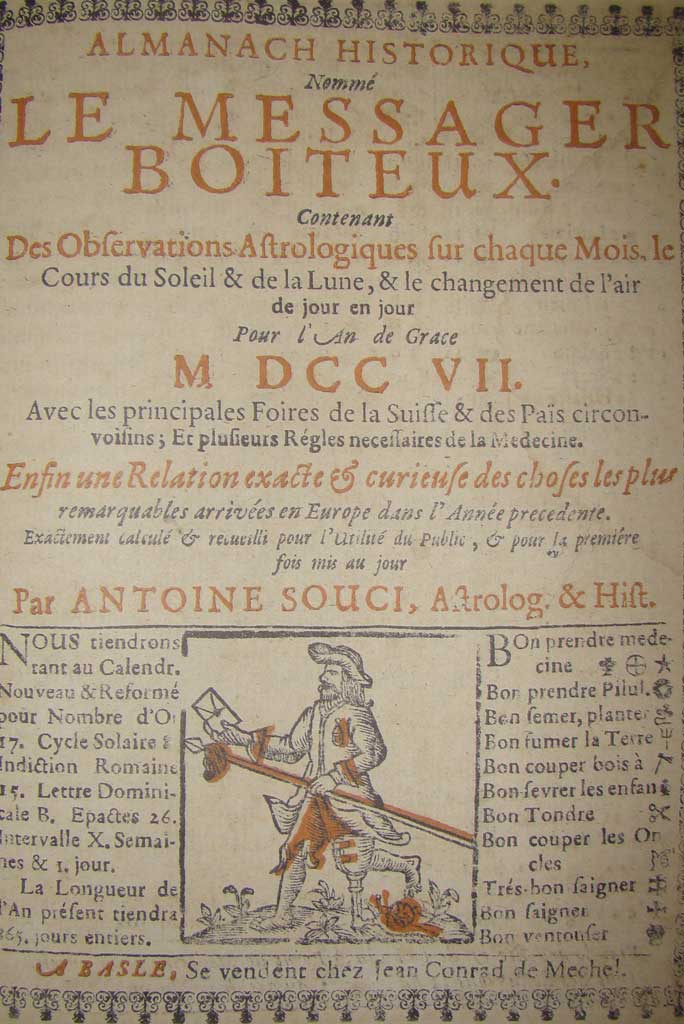 «Le Messager boiteux»: facsimile della pagina di titolo della prima edizione, 1707 © Le Messager boiteux, Säuberlin et Pfeiffer à Châtel-Saint-Denis (FR)