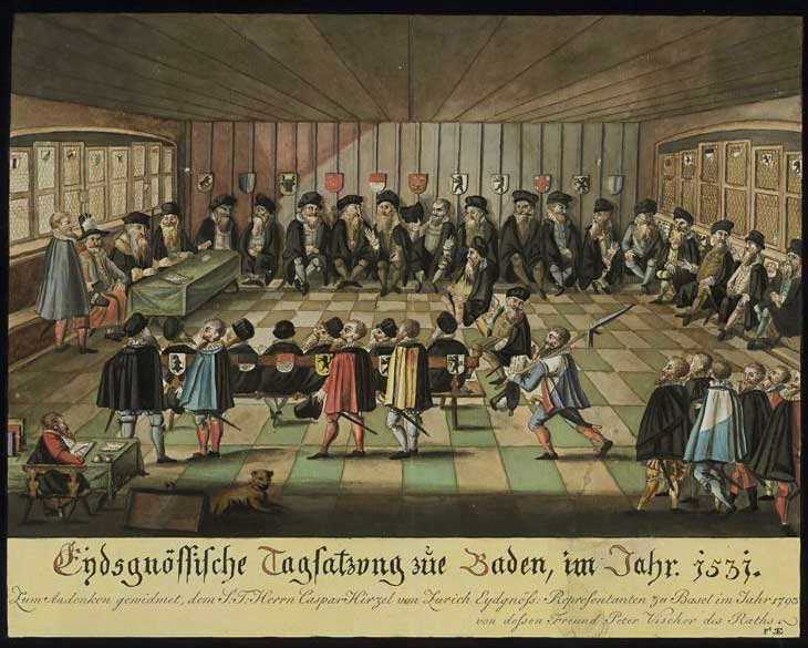 Peter Vischer: dieta federale a Baden , 1531 (acquatinta del 1793) © Museo nazionale svizzero