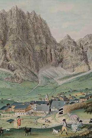 Abraham Samuel Fischer: panorama di Leukerbad, acquerello, 1786 circa. (con muro antivalanghe a destra) © Geschichtsmuseum Wallis, Sitten