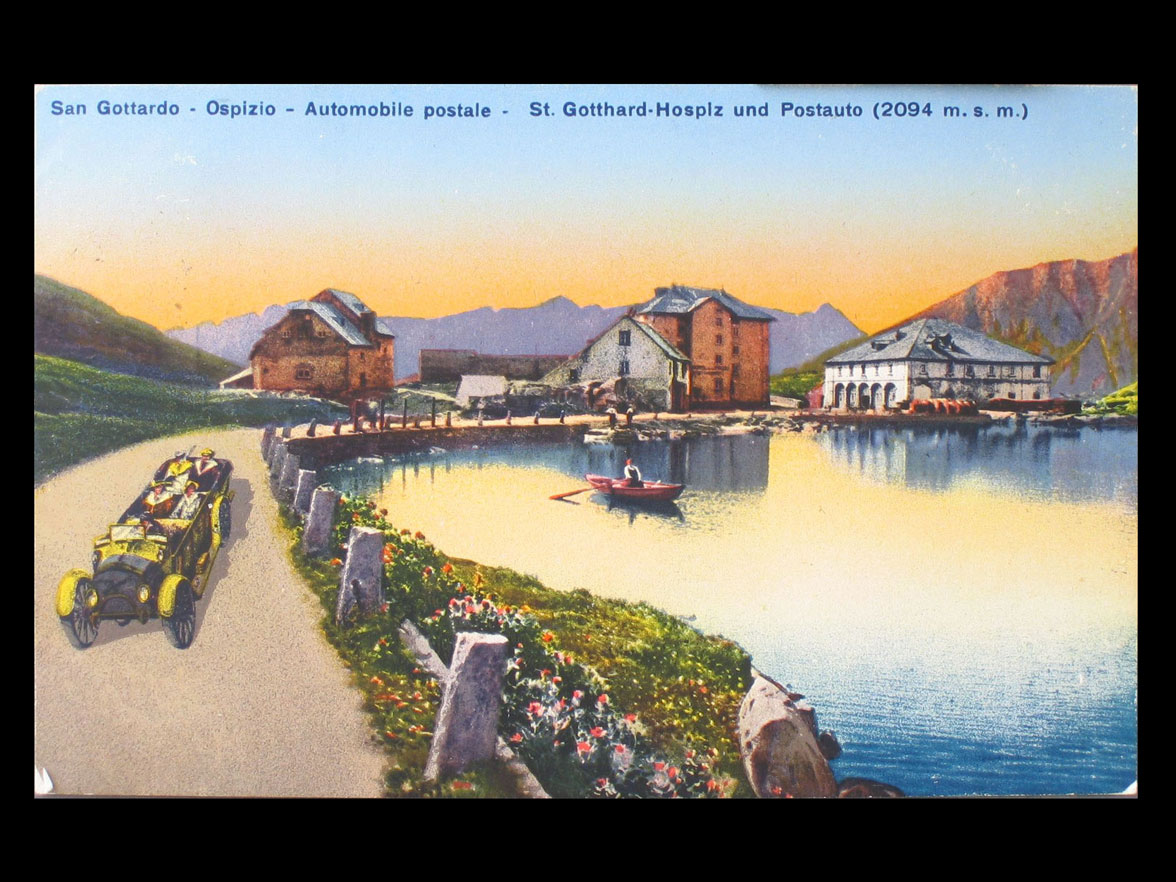 San Gottardo, ospizio, automobile postale, 2094 m s.l.m. (cartolina). ETH-Bibliothek Zürich, Bildarchiv / Fotograf: Unbekannt / Fel_006160-RE / Public Domain Mark