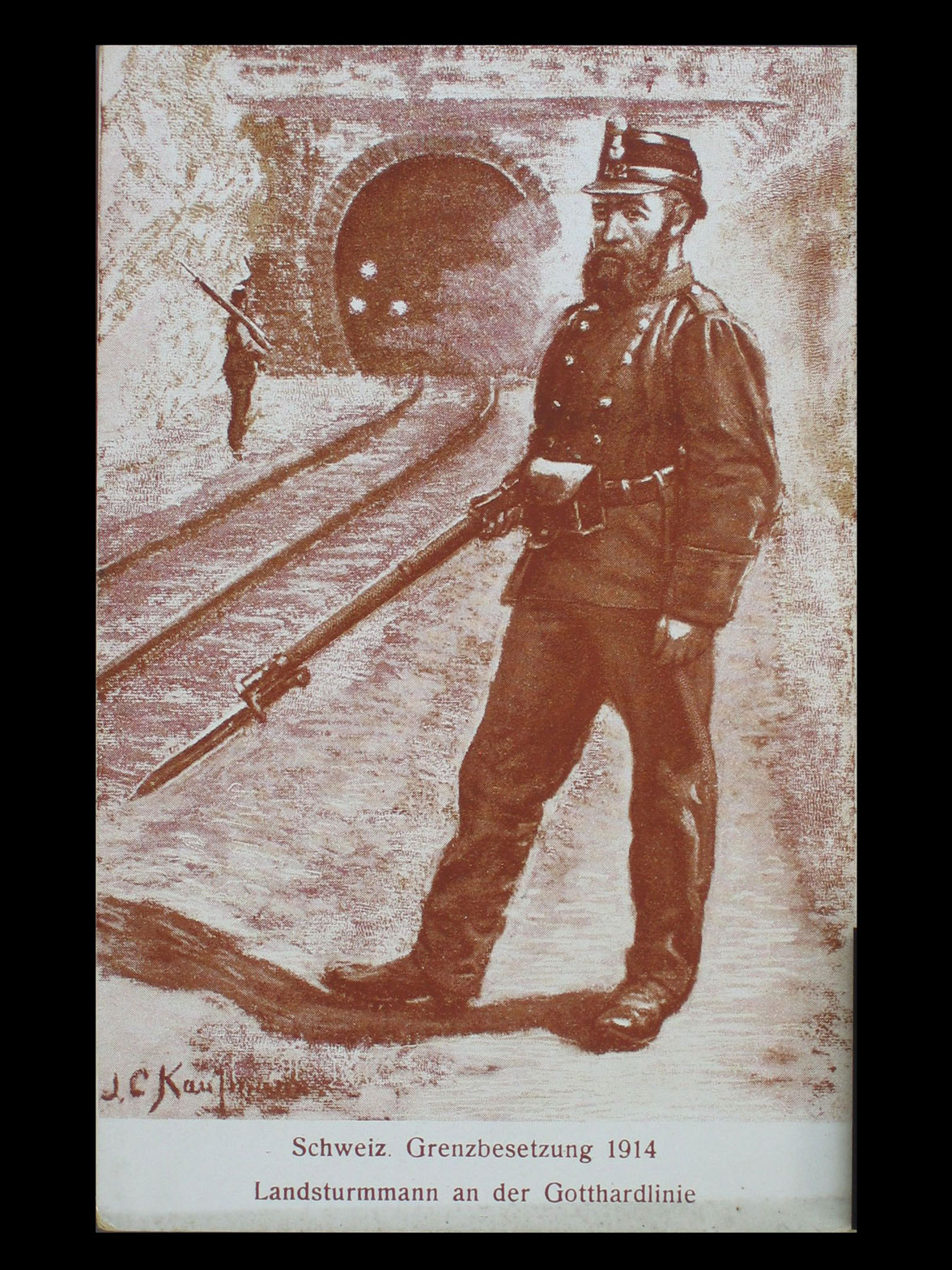 Occupazione dei confini svizzeri, 1914: soldato della Landsturm sulla linea ferroviaria del Gottardo © ETH-Bibliothek Zürich, Bildarchiv / Fotograf: Unbekannt / Fel_017068-RE / Public Domain Mark