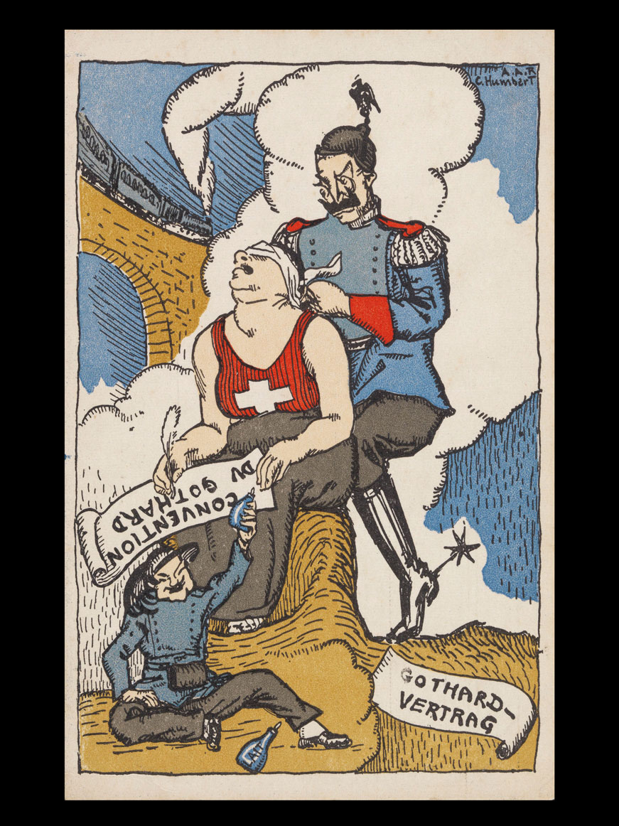 La Convenzione del Gottardo del 1909 (RS 0.742.140.11) è stata motivo di proteste da parte della popolazione svizzera: la Convenzione internazionale garantisce a Germania e Italia una linea ferroviaria ininterrotta attraverso il Gottardo. ETH-Bibliothek Zürich, Bildarchiv / Fotograf: Unbekannt / PK_008979 / Public Domain Mark