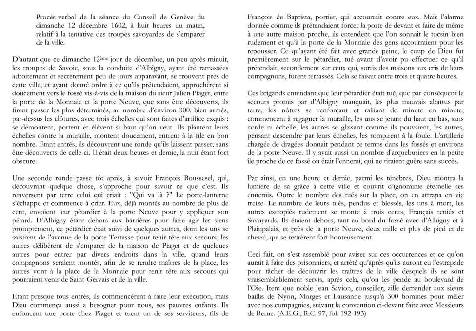 Trascrizione del verbale della seduta del Consiglio di Ginevra di domenica 12 dicembre 1602, alle otto del mattino, relativo al tentativo delle truppe savoiarde d'impossessarsi della città © Archives d’Etat de la République et Canton de Genève, 2005