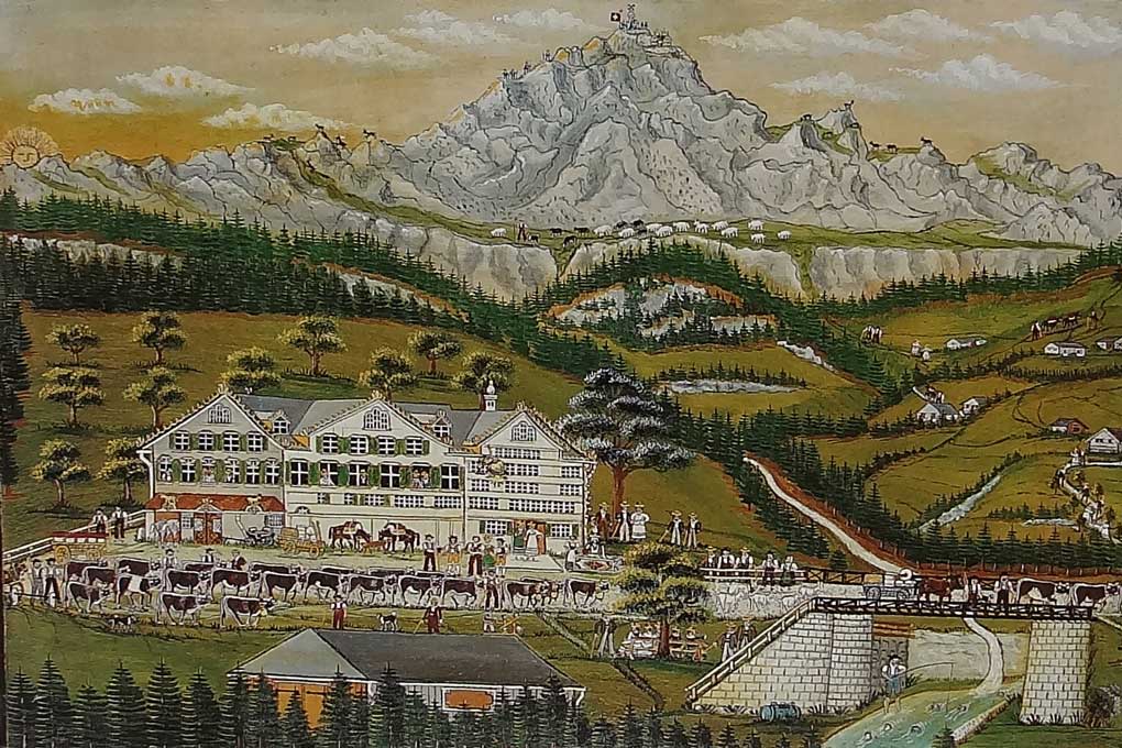 Johannes Müller: «Ansicht vom Rossfall, Säntis, Umgebung und die Alpfahrt», 1890 © Museum für Appenzeller Brauchtum, Urnäsch