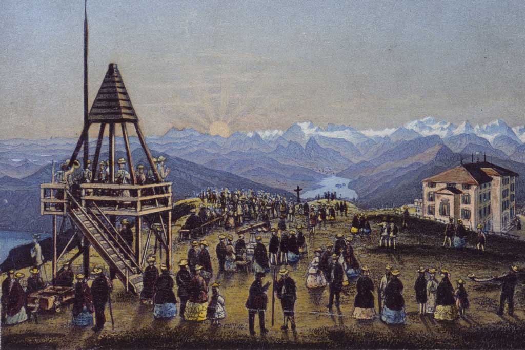 Rigi Kulm, attorno al 1875: turisti assistono alla leggendaria alba godendosi il panorama alpino © Zentral- und Hochschulbibliothek Luzern, Sondersammlung