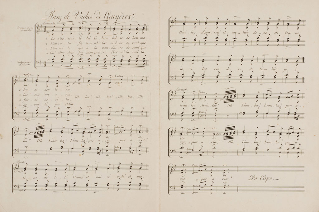 Partitura da François-Xavier Zürcher: Ranz de vaches des Alpes de Gruyères, 1825-1845 © Musée gruérien, Bulle
