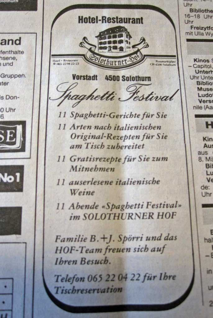 Inserat en la «Solothurner Zeitung» dals 11-2-1987 per in festival da spaghettis © Melissa Dettling, Solothurn, 2011