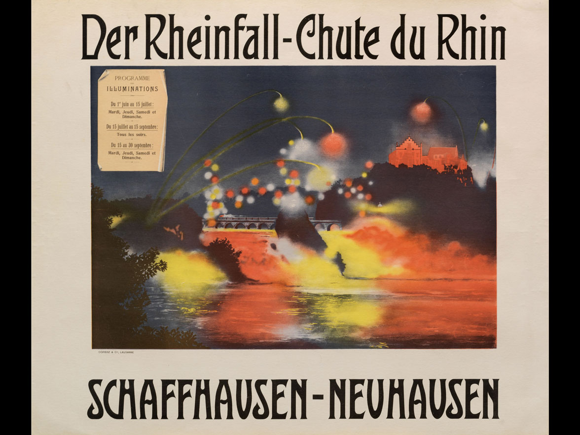 Poster per las illuminaziuns da la Cascada dal Rain, 1905 (Stamparia Corbaz & Cie. Lausanne) © Museum zu Allerheiligen Schaffhausen, Inv. 58846