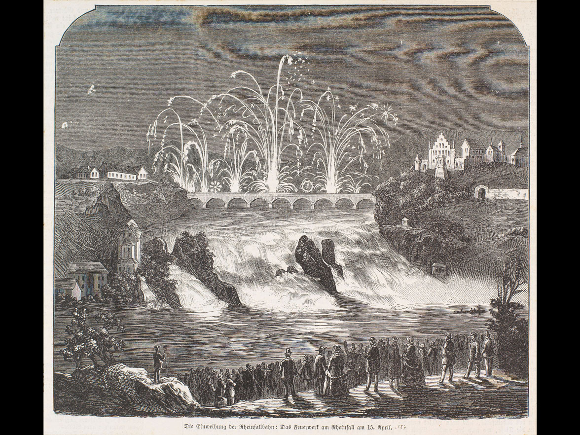 L’inauguraziun da la punt dal tren suror la cascada: il fieu d’artifizi dals 15 d’avrigl 1857 (artitgel da pressa) © Museum zu Allerheiligen Schaffhausen, Inv. 53001