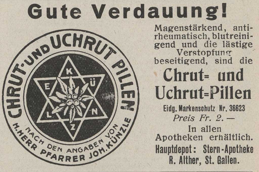 Inserat per products d'ervinas dal reverenda Johannes Künzle (1857-1945) l'onn 1929 © Chalender da l'Appenzell, 1929